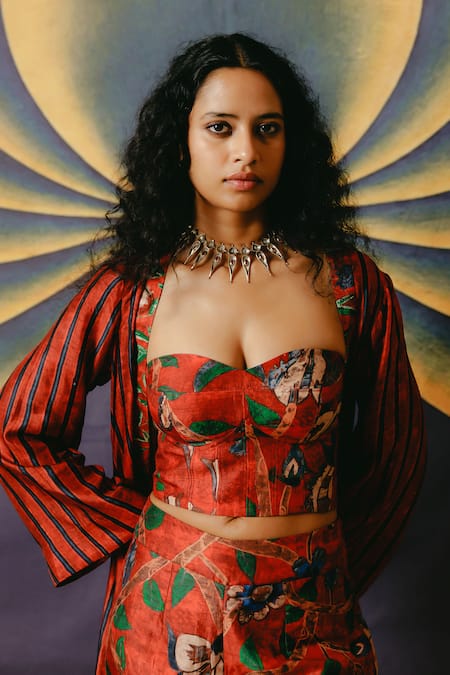 Drishti & Zahabia_Red Silk, Crepe Sequins, Embroidery Kalamkari Print Pant Set With Jacket _Online_at_Aza_Fashions