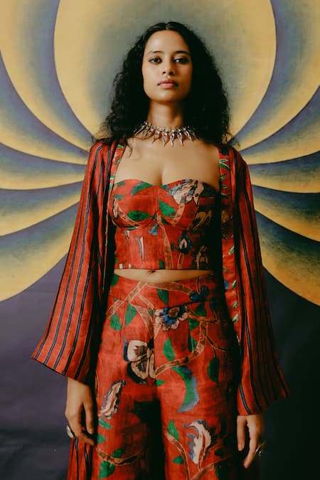 Buy_Drishti & Zahabia_Red Silk, Crepe Sequins, Embroidery Kalamkari Print Pant Set With Jacket _Online_at_Aza_Fashions