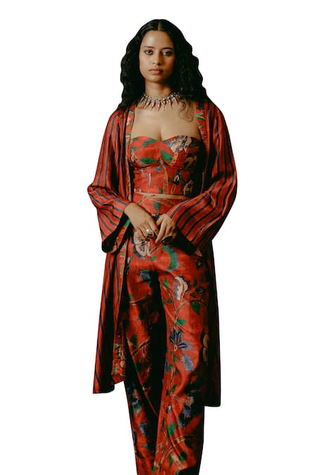Shop_Drishti & Zahabia_Red Silk, Crepe Sequins, Embroidery Kalamkari Print Pant Set With Jacket _Online_at_Aza_Fashions