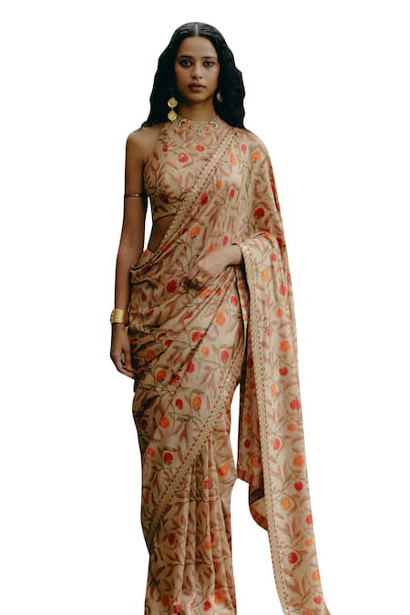 Drishti & Zahabia_Brown Silk, Crepe Sequins High Neck Hand Embroidered Hem Saree With Blouse _Online_at_Aza_Fashions