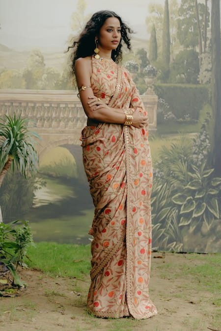 Buy_Drishti & Zahabia_Brown Silk, Crepe Sequins High Neck Hand Embroidered Hem Saree With Blouse _Online_at_Aza_Fashions