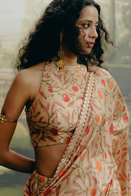 Shop_Drishti & Zahabia_Brown Silk, Crepe Sequins High Neck Hand Embroidered Hem Saree With Blouse _Online_at_Aza_Fashions