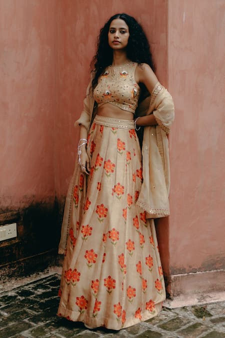 Drishti & Zahabia_Brown Silk, Organza Sequins, Zari, Embroidery Round Neck Hand Waist Lehenga Set _Online_at_Aza_Fashions