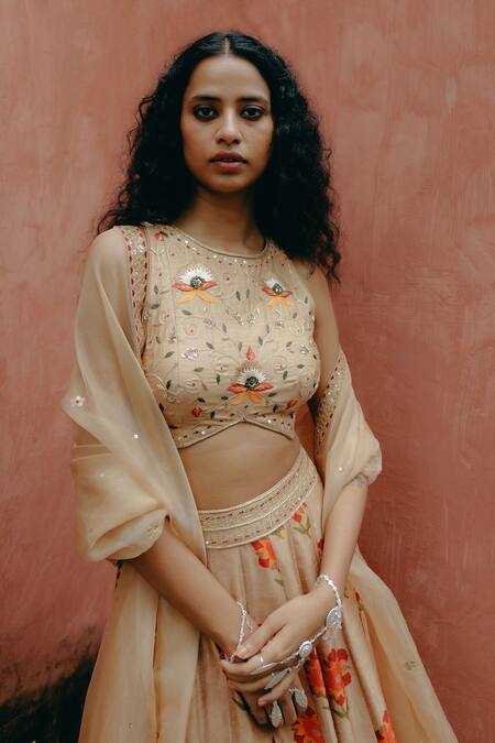 Buy_Drishti & Zahabia_Brown Silk, Organza Sequins, Zari, Embroidery Round Neck Hand Waist Lehenga Set _Online_at_Aza_Fashions