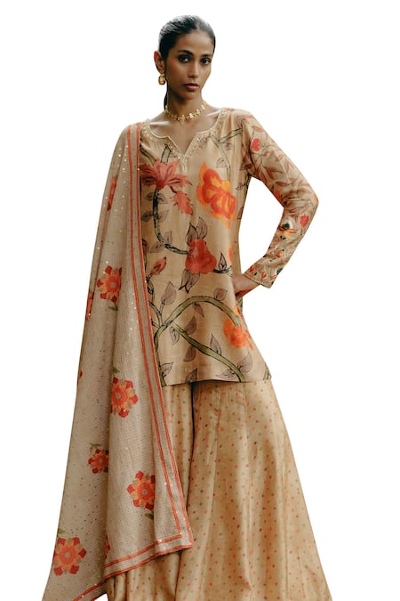 Buy_Drishti & Zahabia_Brown Silk, Georgette Embroidery, Sequins Kalamkari Print Kurta Palazzo Set _Online_at_Aza_Fashions
