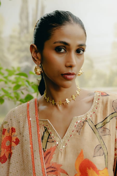 Shop_Drishti & Zahabia_Brown Silk, Georgette Embroidery, Sequins Kalamkari Print Kurta Palazzo Set _Online_at_Aza_Fashions