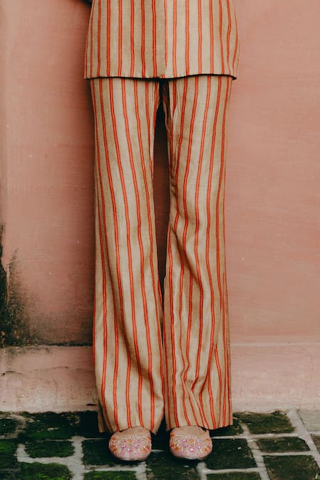 Drishti & Zahabia_Brown Silk, Crepe Embroidery V-neck Stripe Pattern Waist Coat And Pant _Online_at_Aza_Fashions