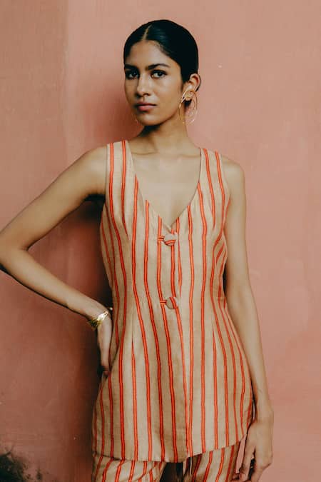 Buy_Drishti & Zahabia_Brown Silk, Crepe Embroidery V-neck Stripe Pattern Waist Coat And Pant _Online_at_Aza_Fashions