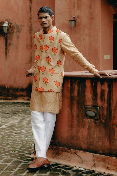 Drishti & Zahabia Brown Kurta And Bandi Dupion Silk Printed Floral Bundi With Set 