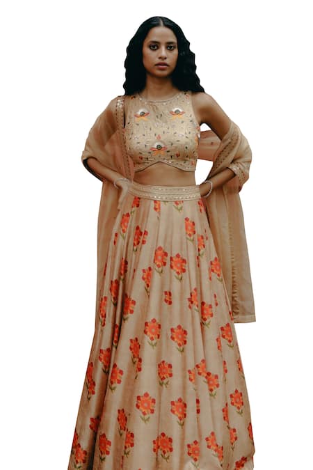 Shop_Drishti & Zahabia_Brown Silk, Organza Sequins, Zari, Embroidery Round Neck Hand Waist Lehenga Set _Online_at_Aza_Fashions