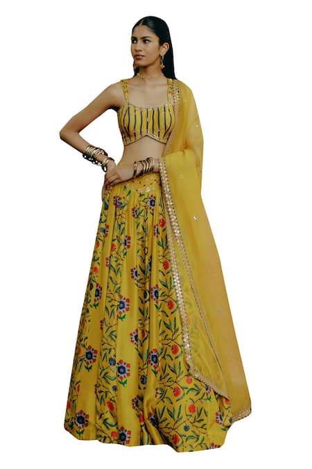 Buy_Drishti & Zahabia_Yellow Silk, Organza, Cotton Sequins, Kalamkari Print Lehenga Blouse Set 