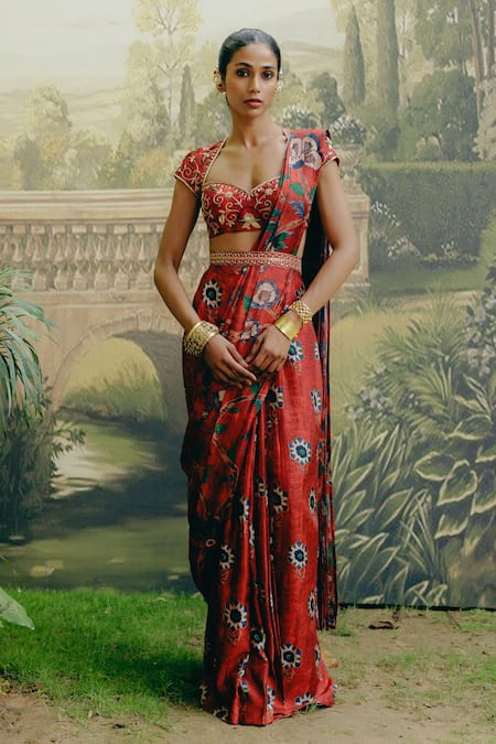 Drishti & Zahabia Kalamkari Print Pre-Draped Saree With Blouse 