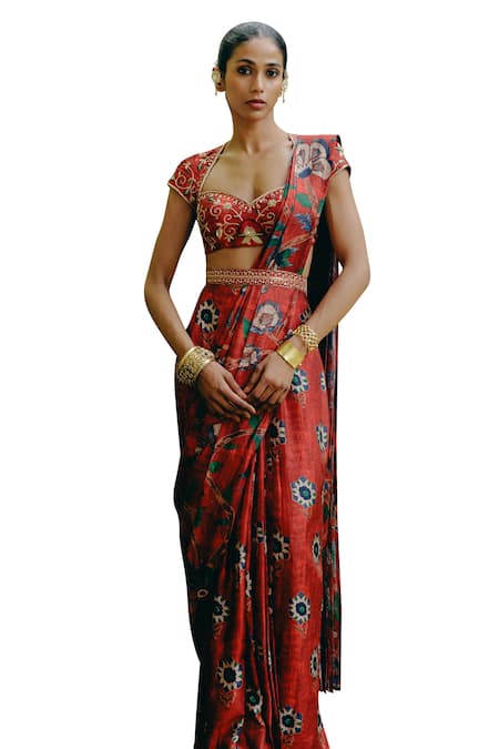 Drishti & Zahabia_Red Silk, Crepe Sequins, Zari, Kalamkari Print Pre-draped Saree With Blouse _Online_at_Aza_Fashions
