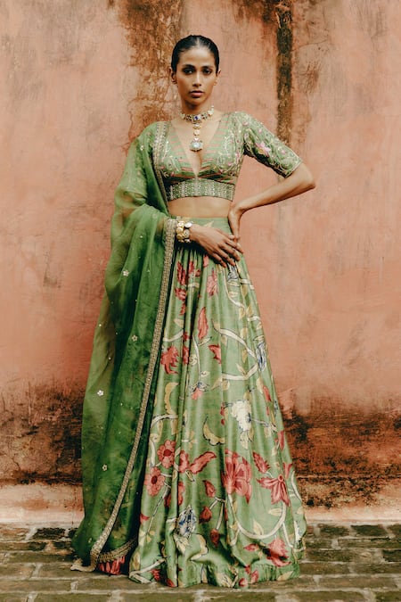 Drishti & Zahabia Green Blouse And Lehenga Dupion Silk Hand Embroidered Aari Plunge V Neck Set 