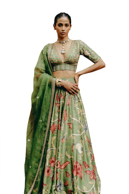 Drishti & Zahabia_Green Silk, Organza Sequins, Zari, Embroidery Plunge Hand Blouse Lehenga Set _at_Aza_Fashions