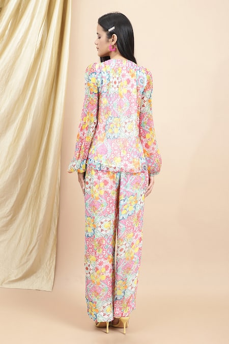 Shop_Ewoke_White Crepe Round Neck Lemon Burst Print Flared Top With Pant _at_Aza_Fashions