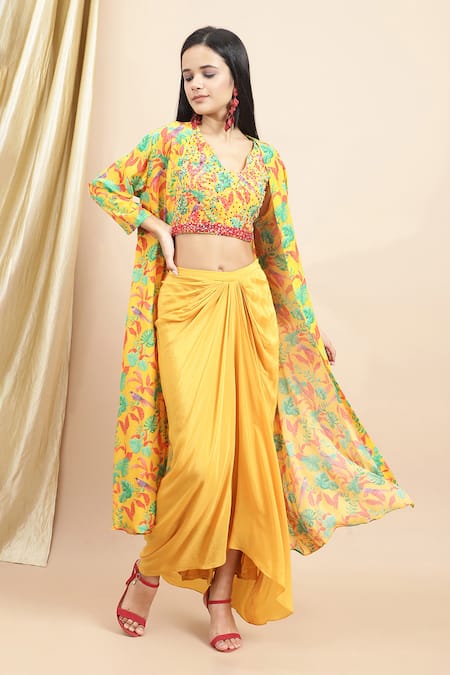 Shop Ewoke Yellow Crepe Beads, Embroidery V-neck Jungle Bustier And Draped Skirt Set at Aza Fashions Shop_Ewoke_Yellow Crepe Beads, Embroidery V-neck Jungle Bustier And Draped Skirt Set _at_Aza_Fashions