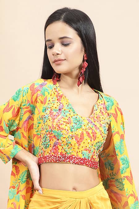 Ewoke Yellow Crepe Beads, Embroidery V-neck Jungle Bustier And Draped Skirt Set Online at Aza Fashions Ewoke_Yellow Crepe Beads, Embroidery V-neck Jungle Bustier And Draped Skirt Set _Online_at_Aza_Fashions