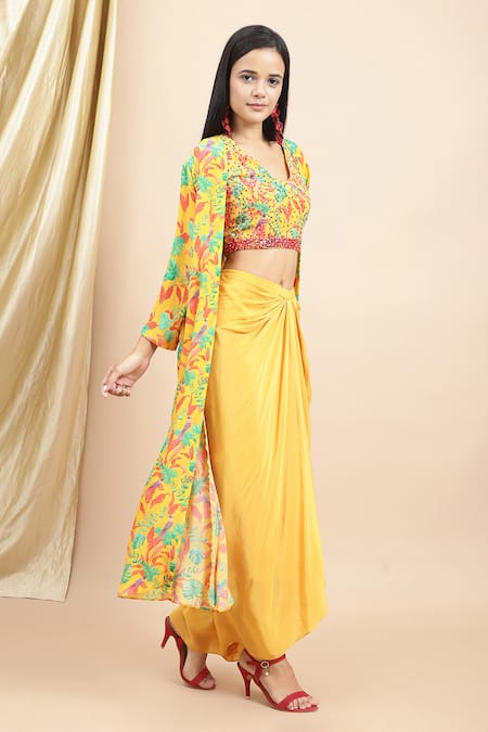 Shop Ewoke Yellow Crepe Beads, Embroidery V-neck Jungle Bustier And Draped Skirt Set Online at Aza Fashions Shop_Ewoke_Yellow Crepe Beads, Embroidery V-neck Jungle Bustier And Draped Skirt Set _Online_at_Aza_Fashions
