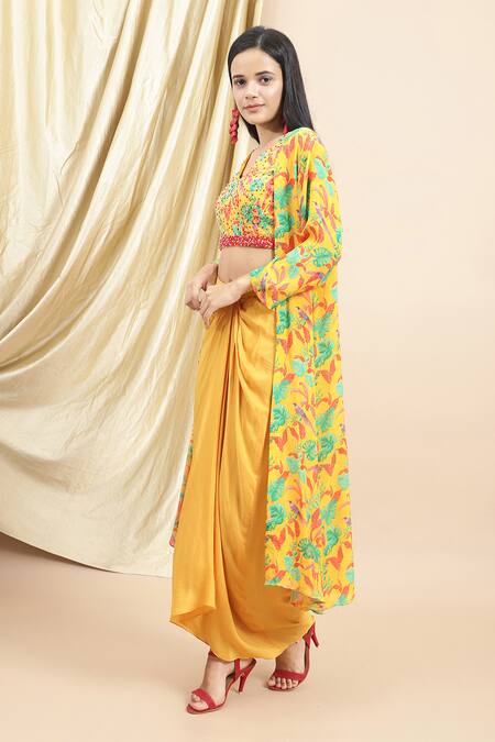 Ewoke Yellow Crepe Beads, Embroidery V-neck Jungle Bustier And Draped Skirt Set at Aza Fashions Ewoke_Yellow Crepe Beads, Embroidery V-neck Jungle Bustier And Draped Skirt Set _at_Aza_Fashions