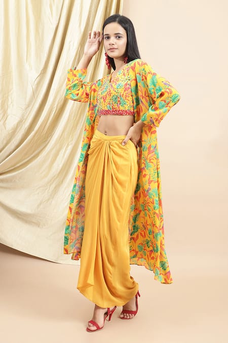 Buy Ewoke Yellow Crepe Beads, Embroidery V-neck Jungle Bustier And Draped Skirt Set Buy_Ewoke_Yellow Crepe Beads, Embroidery V-neck Jungle Bustier And Draped Skirt Set