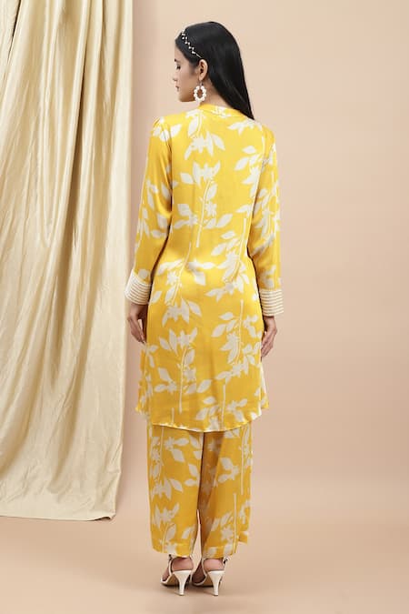 Shop Ewoke Yellow Silk Embroidery Mandarin Collar Thea Floral Print Kurta With Pant at Aza Fashions Shop_Ewoke_Yellow Silk Embroidery Mandarin Collar Thea Floral Print Kurta With Pant _at_Aza_Fashions