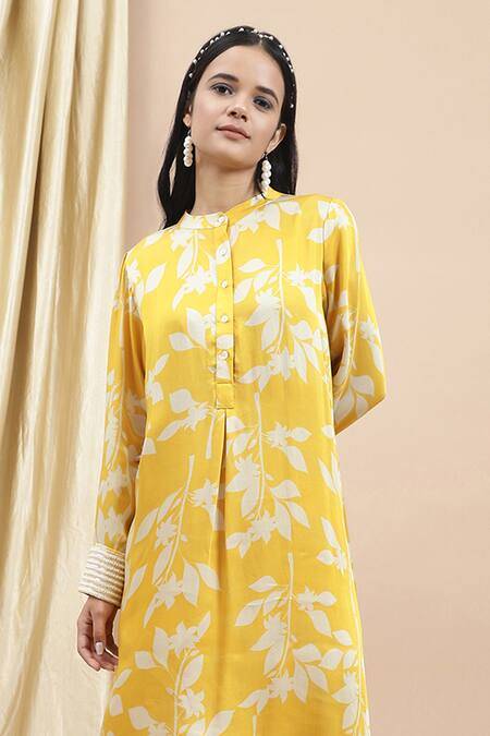 Buy Ewoke Yellow Silk Embroidery Mandarin Collar Thea Floral Print Kurta With Pant Online at Aza Fashions Buy_Ewoke_Yellow Silk Embroidery Mandarin Collar Thea Floral Print Kurta With Pant _Online_at_Aza_Fashions