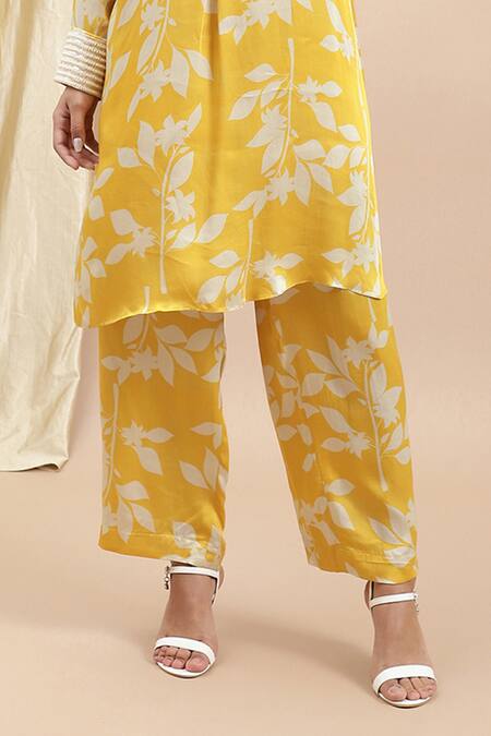 Shop Ewoke Yellow Silk Embroidery Mandarin Collar Thea Floral Print Kurta With Pant Online at Aza Fashions Shop_Ewoke_Yellow Silk Embroidery Mandarin Collar Thea Floral Print Kurta With Pant _Online_at_Aza_Fashions