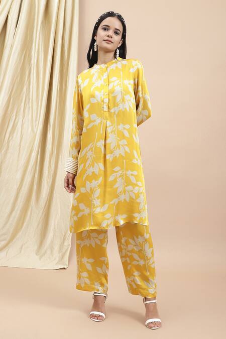Ewoke Yellow Silk Embroidery Mandarin Collar Thea Floral Print Kurta With Pant at Aza Fashions Ewoke_Yellow Silk Embroidery Mandarin Collar Thea Floral Print Kurta With Pant _at_Aza_Fashions
