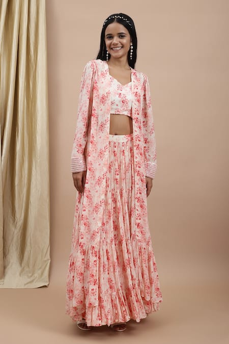 Ewoke Pink Crepe Beads, Embroidery V-neck Rosalind Floral Blouse And Lehenga Set Online at Aza Fashions Ewoke_Pink Crepe Beads, Embroidery V-neck Rosalind Floral Blouse And Lehenga Set _Online_at_Aza_Fashions