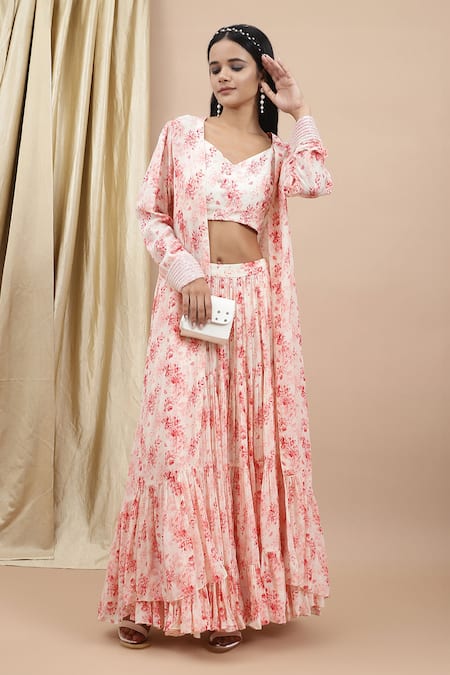Shop Ewoke Pink Crepe Beads, Embroidery V-neck Rosalind Floral Blouse And Lehenga Set Online at Aza Fashions Shop_Ewoke_Pink Crepe Beads, Embroidery V-neck Rosalind Floral Blouse And Lehenga Set _Online_at_Aza_Fashions