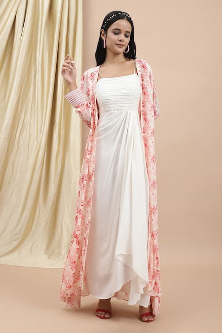 Shop Ewoke White Crepe Embroidery Square Neck Rosalind Draped Dress With Cape at Aza Fashions Shop_Ewoke_White Crepe Embroidery Square Neck Rosalind Draped Dress With Cape _at_Aza_Fashions