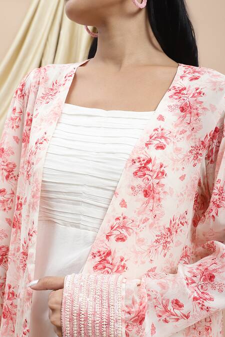 Ewoke White Crepe Embroidery Square Neck Rosalind Draped Dress With Cape Online at Aza Fashions Ewoke_White Crepe Embroidery Square Neck Rosalind Draped Dress With Cape _Online_at_Aza_Fashions