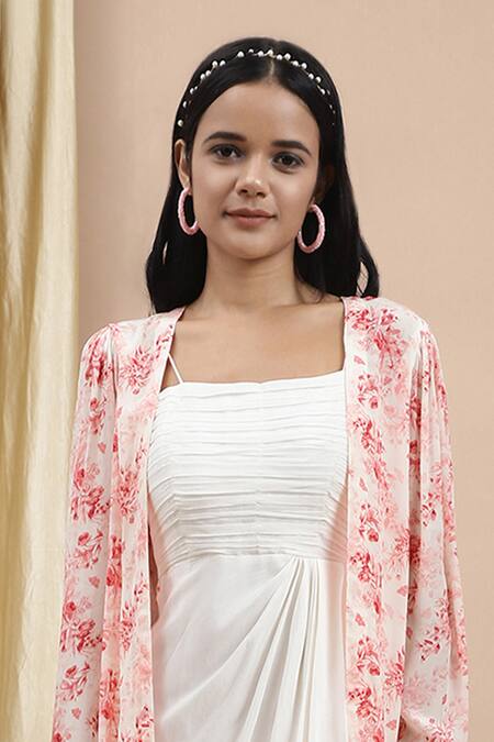 Ewoke White Crepe Embroidery Square Neck Rosalind Draped Dress With Cape at Aza Fashions Ewoke_White Crepe Embroidery Square Neck Rosalind Draped Dress With Cape _at_Aza_Fashions