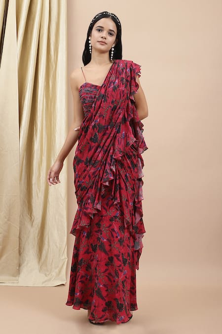 EWOKE Jungle Print Ruffle Pre-Draped Saree With Blouse 