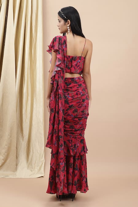 Shop Ewoke Red Crepe Embroidery Jungle Print Ruffle Pre-draped Saree With Blouse at Aza Fashions Shop_Ewoke_Red Crepe Embroidery Jungle Print Ruffle Pre-draped Saree With Blouse _at_Aza_Fashions