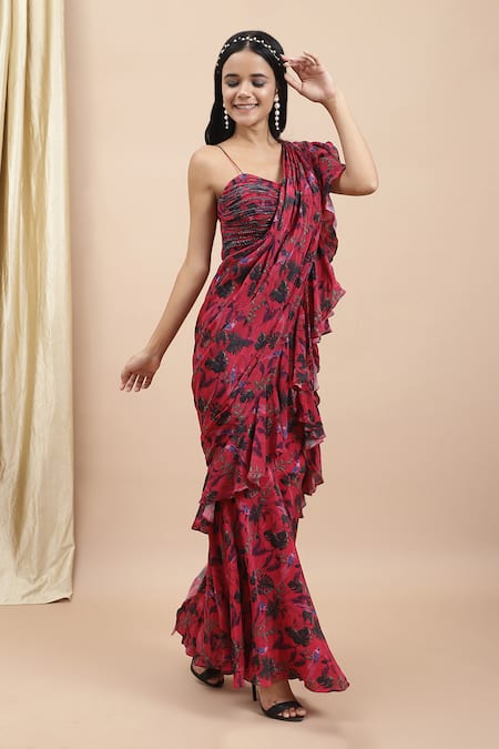 Shop Ewoke Red Crepe Embroidery Jungle Print Ruffle Pre-draped Saree With Blouse Online at Aza Fashions Shop_Ewoke_Red Crepe Embroidery Jungle Print Ruffle Pre-draped Saree With Blouse _Online_at_Aza_Fashions
