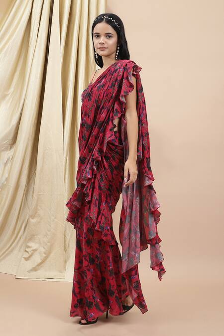 Ewoke Red Crepe Embroidery Jungle Print Ruffle Pre-draped Saree With Blouse at Aza Fashions Ewoke_Red Crepe Embroidery Jungle Print Ruffle Pre-draped Saree With Blouse _at_Aza_Fashions