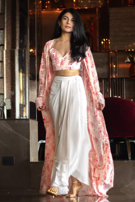 Ewoke White Crepe Embroidery, Beads Floral Bustier And Draped Skirt Set Online at Aza Fashions Ewoke_White Crepe Embroidery, Beads Floral Bustier And Draped Skirt Set _Online_at_Aza_Fashions