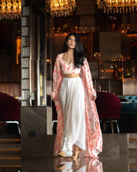 Buy Ewoke White Crepe Embroidery, Beads Floral Bustier And Draped Skirt Set Online at Aza Fashions Buy_Ewoke_White Crepe Embroidery, Beads Floral Bustier And Draped Skirt Set _Online_at_Aza_Fashions