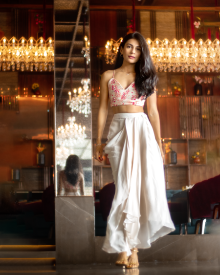 Shop Ewoke White Crepe Embroidery, Beads Floral Bustier And Draped Skirt Set Online at Aza Fashions Shop_Ewoke_White Crepe Embroidery, Beads Floral Bustier And Draped Skirt Set _Online_at_Aza_Fashions