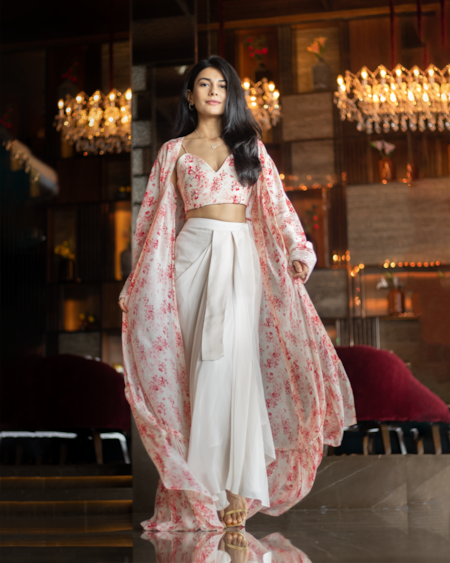 Buy Ewoke White Crepe Embroidery, Beads Floral Bustier And Draped Skirt Set Buy_Ewoke_White Crepe Embroidery, Beads Floral Bustier And Draped Skirt Set