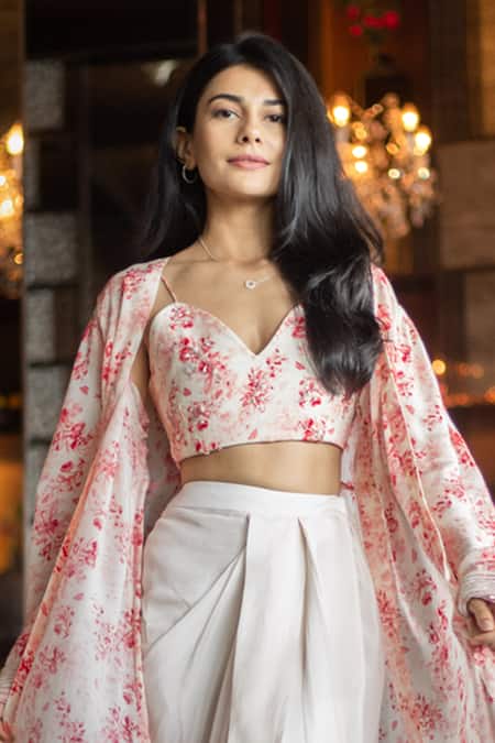 Shop Ewoke White Crepe Embroidery, Beads Floral Bustier And Draped Skirt Set Shop_Ewoke_White Crepe Embroidery, Beads Floral Bustier And Draped Skirt Set