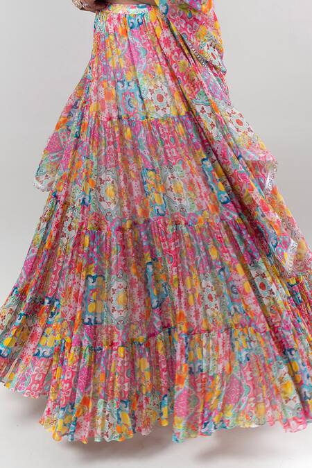 Ewoke_Multi Color Chiffon Beads, Stones V-neck Lemon Burst Embroidered Lehenga Set _Online_at_Aza_Fashions