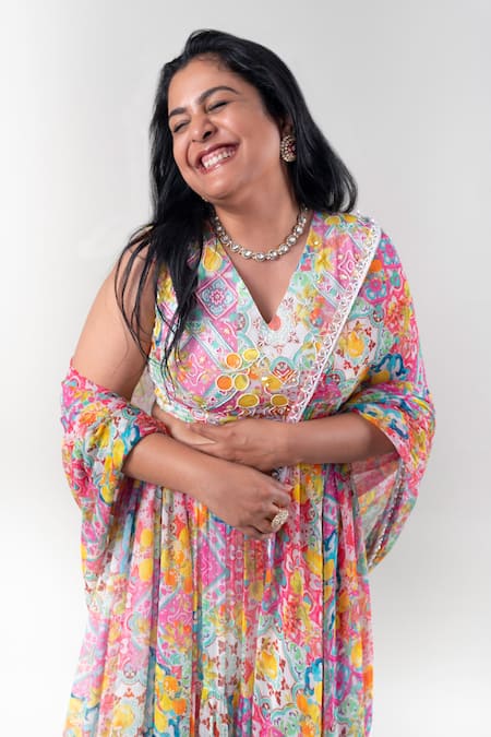 Buy_Ewoke_Multi Color Chiffon Beads, Stones V-neck Lemon Burst Embroidered Lehenga Set _Online_at_Aza_Fashions