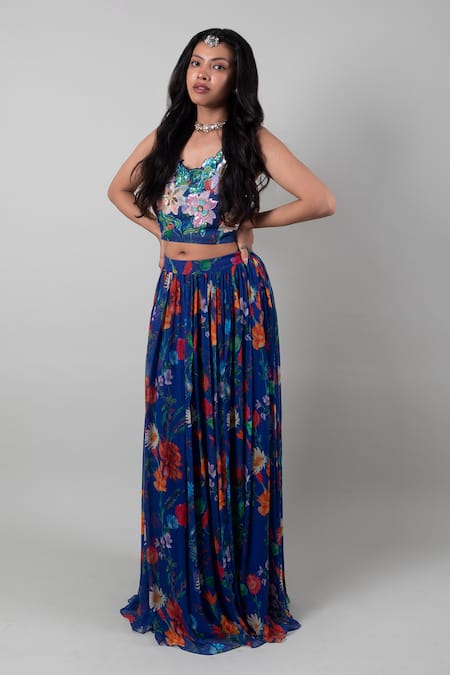 Ewoke Blue Chiffon Sequins Midnight Carnation Embroidered Lehenga With Blouse Online at Aza Fashions Ewoke_Blue Chiffon Sequins Midnight Carnation Embroidered Lehenga With Blouse _Online_at_Aza_Fashions