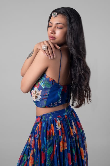 Shop Ewoke Blue Chiffon Sequins Midnight Carnation Embroidered Lehenga With Blouse Online at Aza Fashions Shop_Ewoke_Blue Chiffon Sequins Midnight Carnation Embroidered Lehenga With Blouse _Online_at_Aza_Fashions