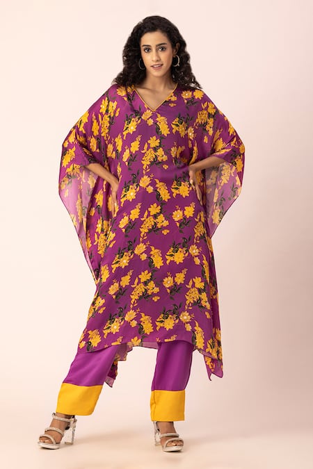 Ewoke Purple Satin Beads V-neck Bloom Print Kaftan With Straight Pant