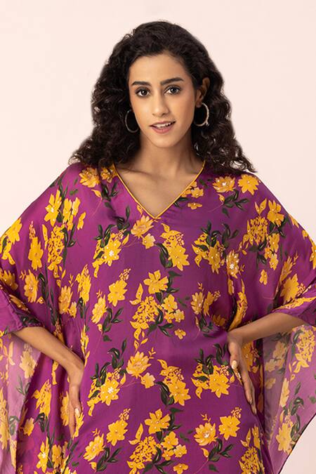 Ewoke Purple Satin Beads V-neck Bloom Print Kaftan With Straight Pant Online at Aza Fashions Ewoke_Purple Satin Beads V-neck Bloom Print Kaftan With Straight Pant _Online_at_Aza_Fashions