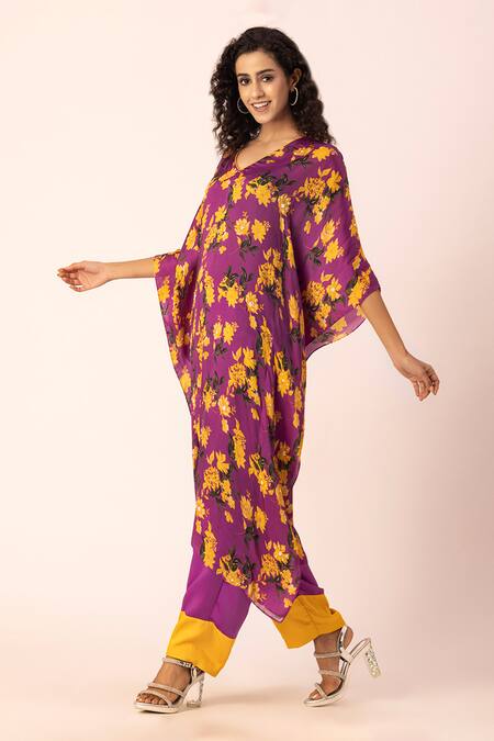 Buy Ewoke Purple Satin Beads V-neck Bloom Print Kaftan With Straight Pant Online at Aza Fashions Buy_Ewoke_Purple Satin Beads V-neck Bloom Print Kaftan With Straight Pant _Online_at_Aza_Fashions